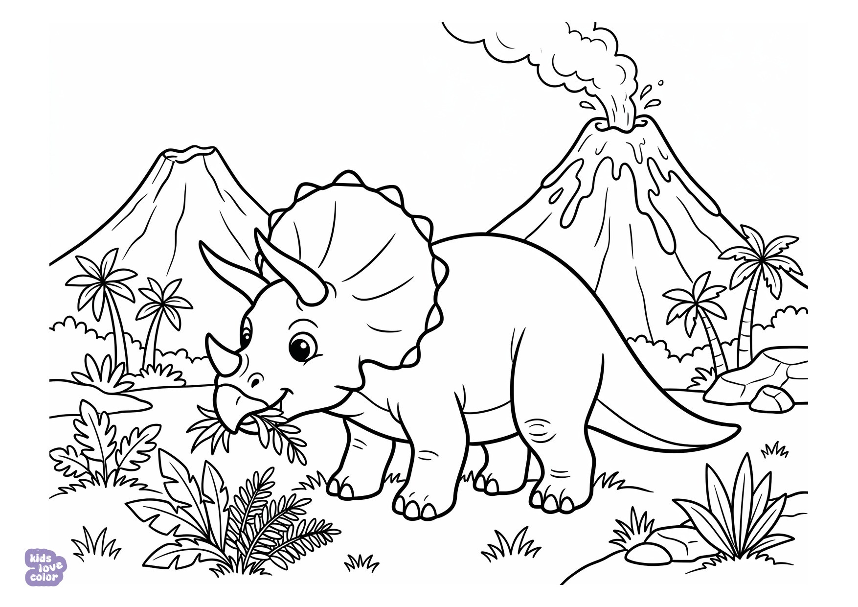 Triceratops Dinosaurus Grazend bij Vulkanen kleurplaat