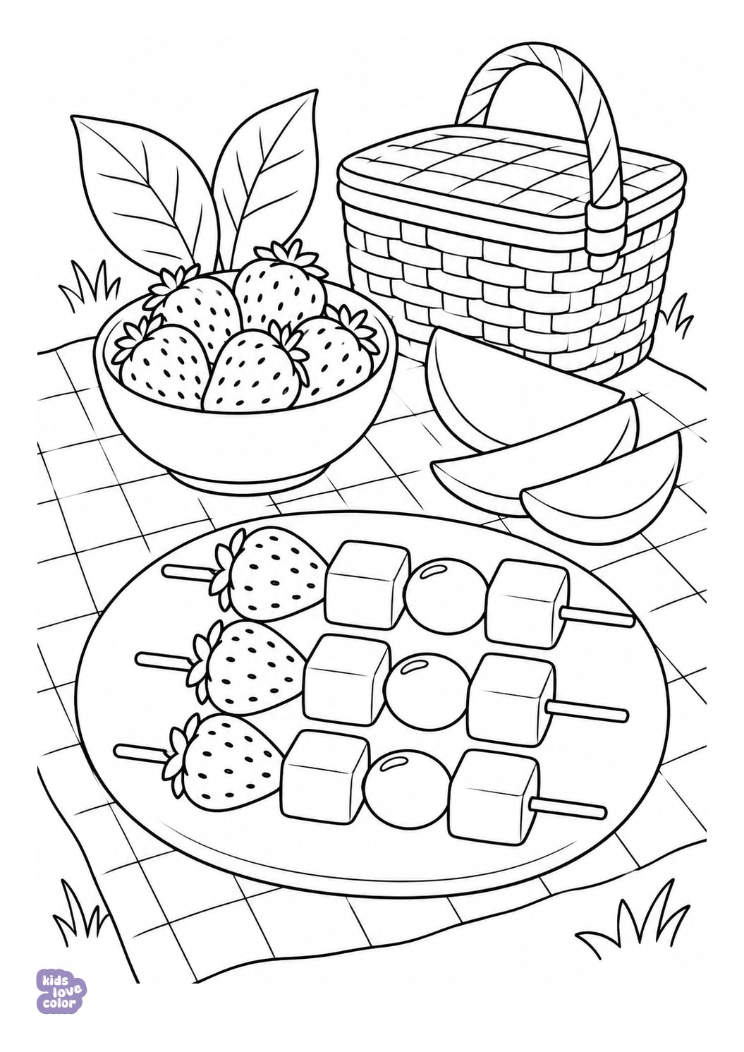 Fruitspiesjes op het picknickkleed kleurplaat
