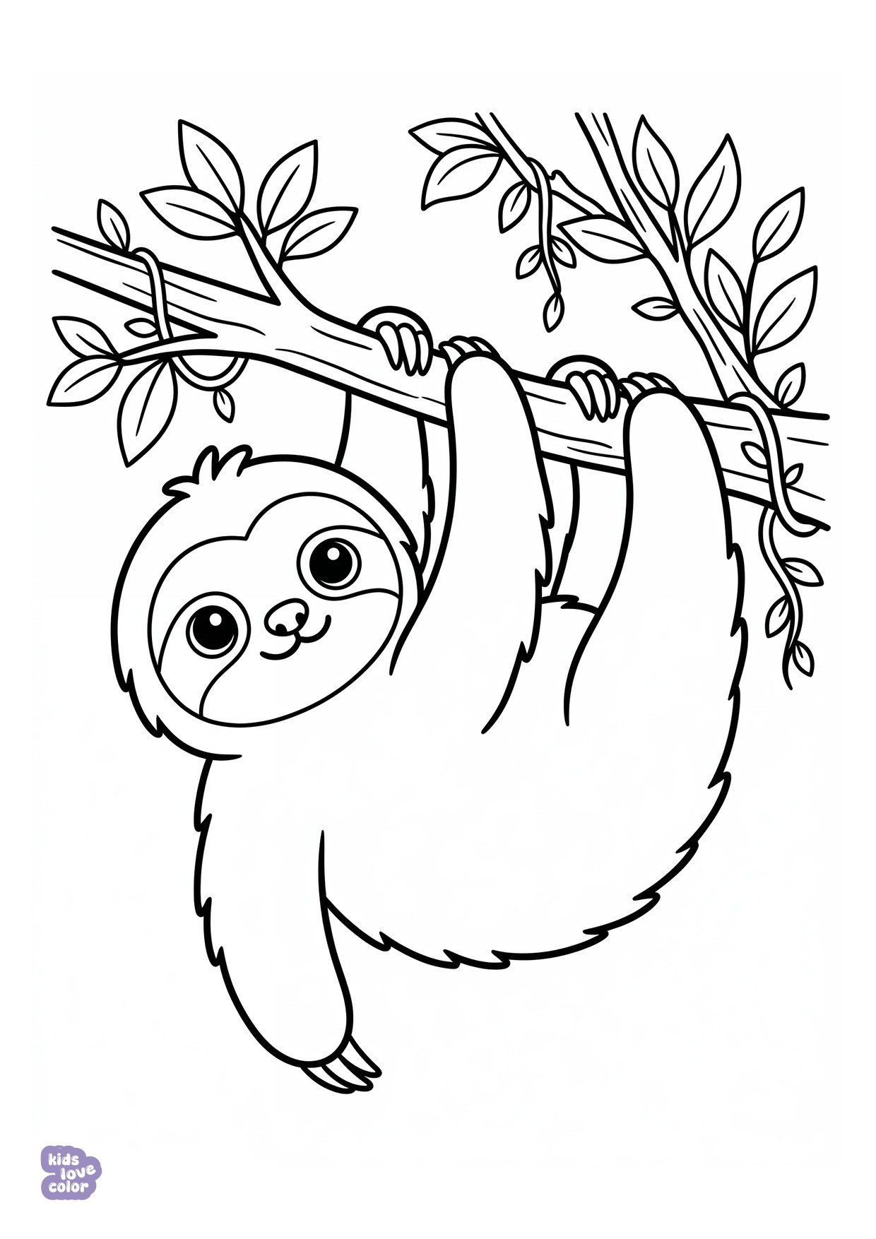 Kawaii Luiaard Hangend aan een Tak kleurplaat