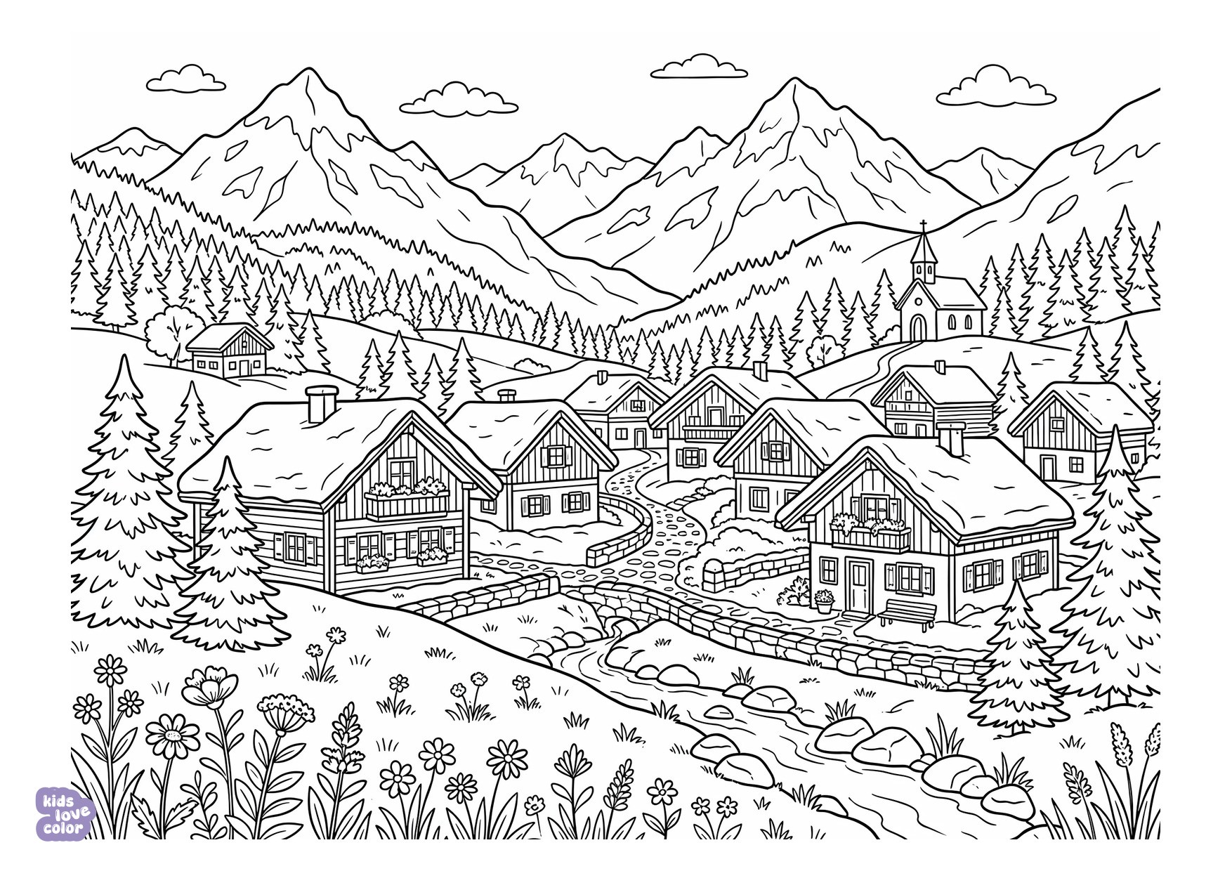 Oostenrijks Alpendorp met Besneeuwde Bergen en Houten Chalets kleurplaat
