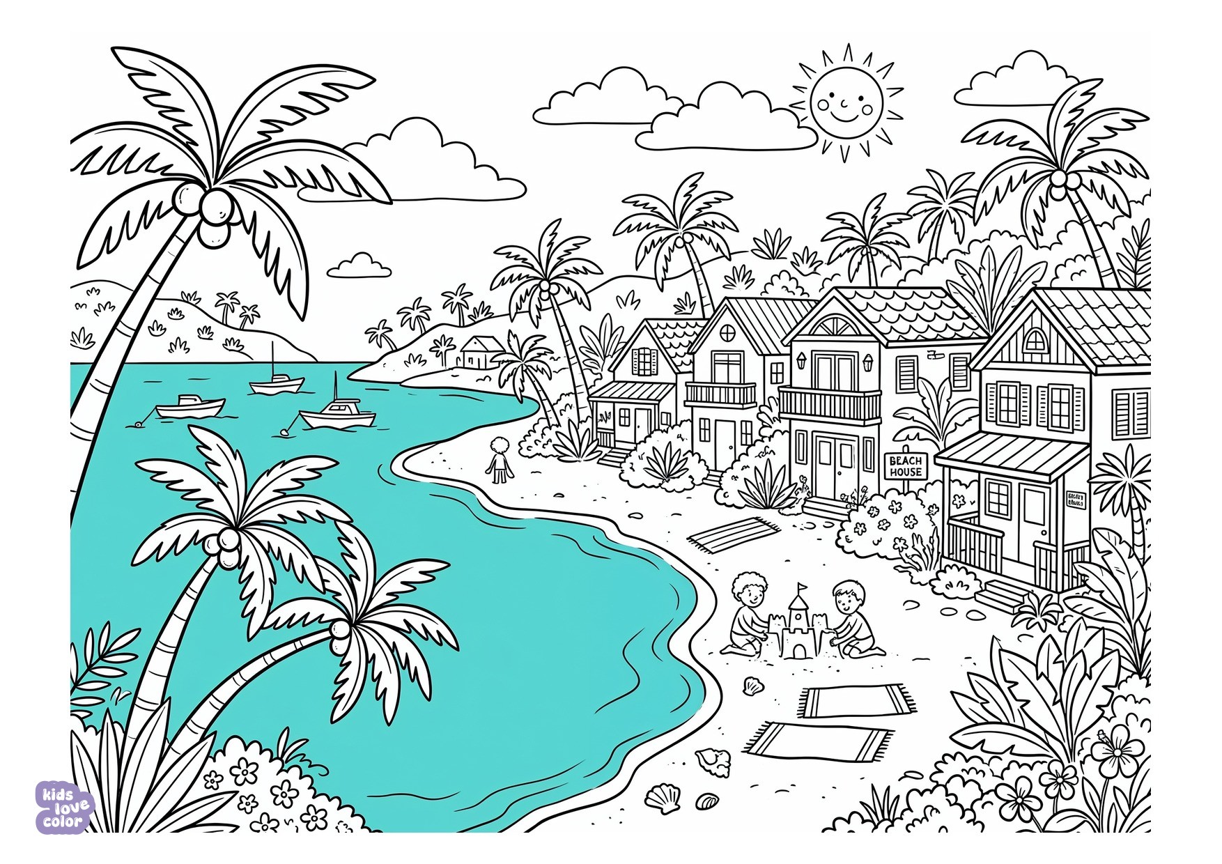 Caribisch Eilandstrand met Palmbomen en Kleurrijke Huisjes kleurplaat
