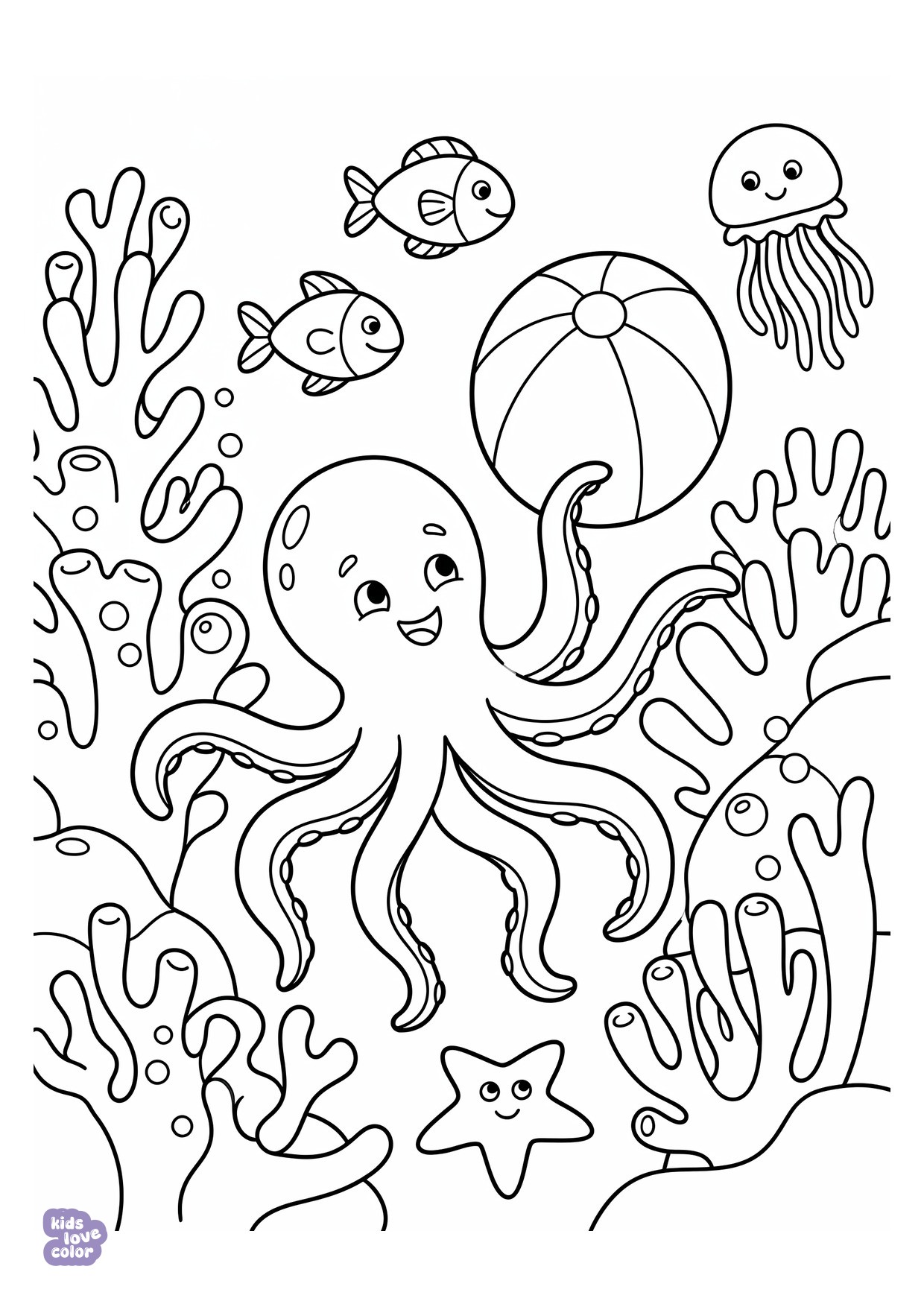 Blije Octopus Spelend met een Strandbal kleurplaat