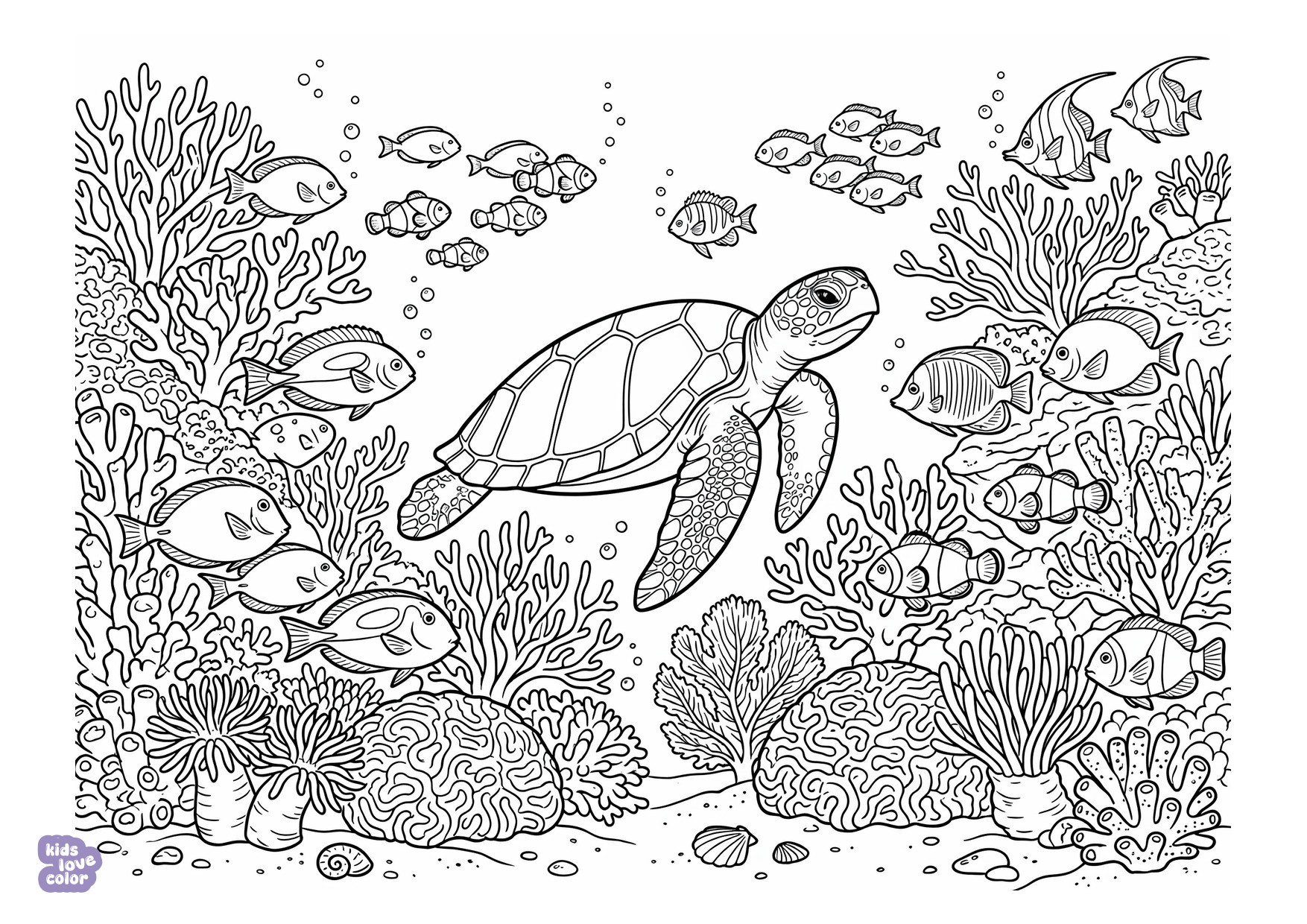 Koraalrifscène met Vissen en een Schildpad kleurplaat