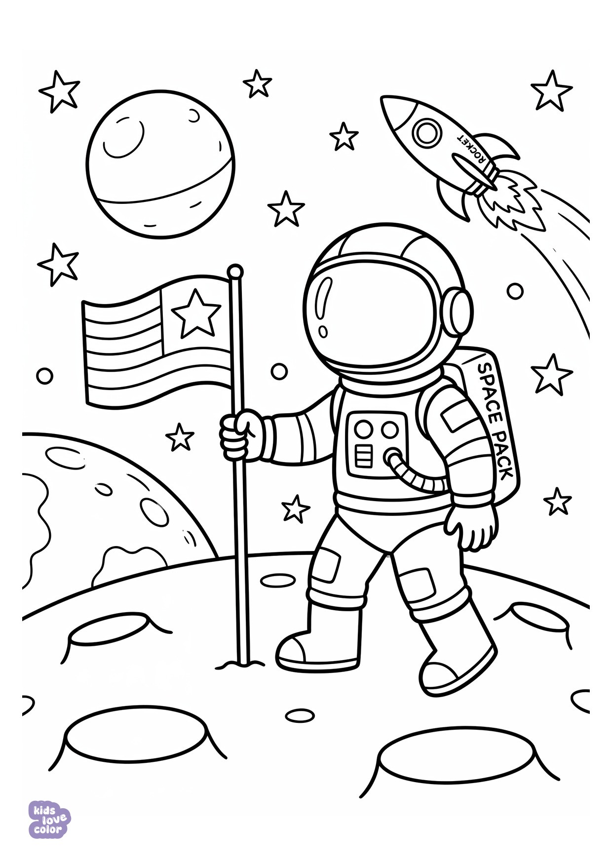 Astronaut die een Vlag Plant op de Maan kleurplaat