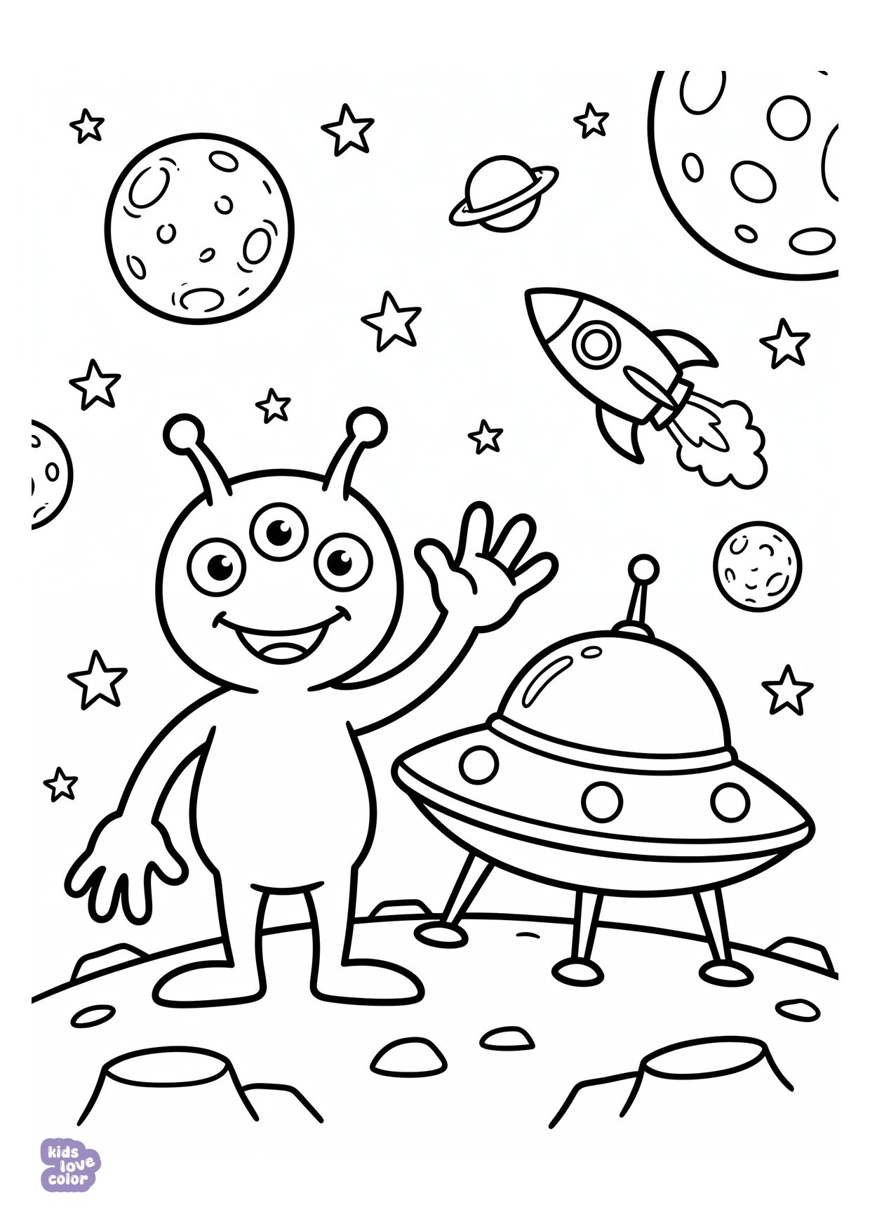 Vriendelijke Alien Zwaaiend naast een UFO kleurplaat