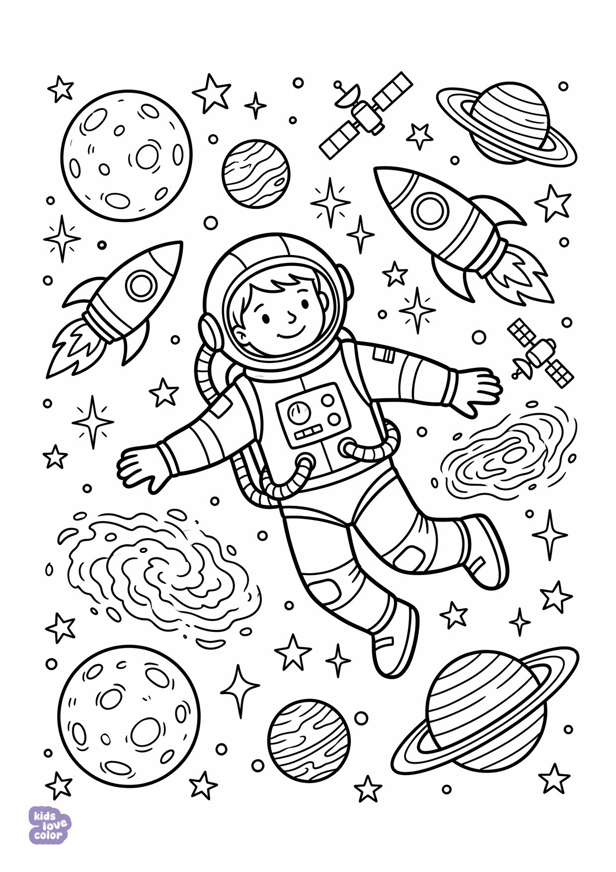 Astronaut Zwevend Tussen Planeten en Sterren kleurplaat
