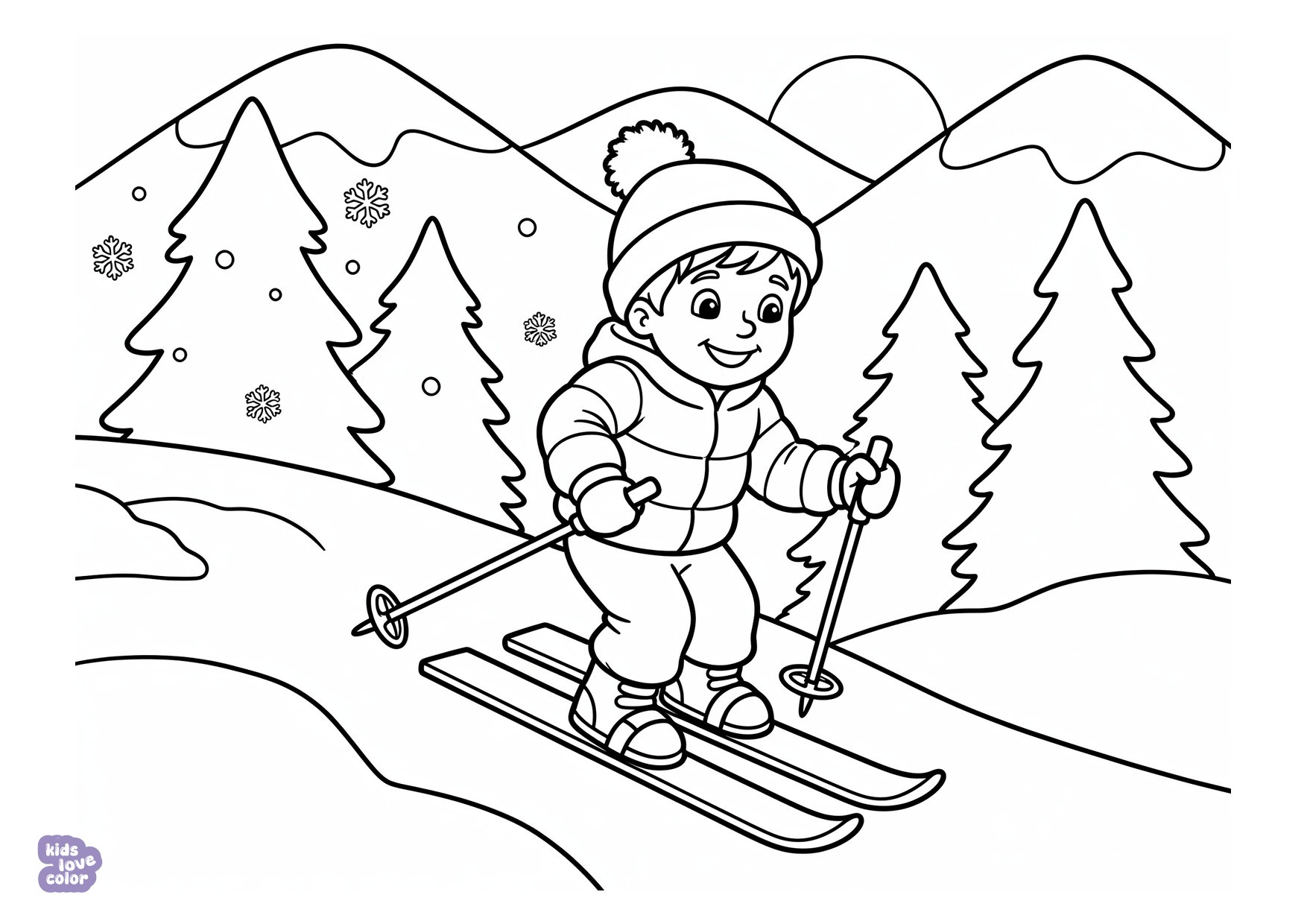 Kind dat een Berghelling Afskiet in de Alpen kleurplaat