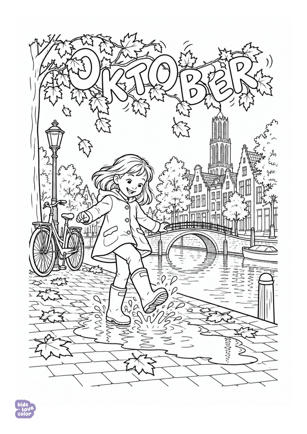 Oktober aan de gracht in Utrecht kleurplaat