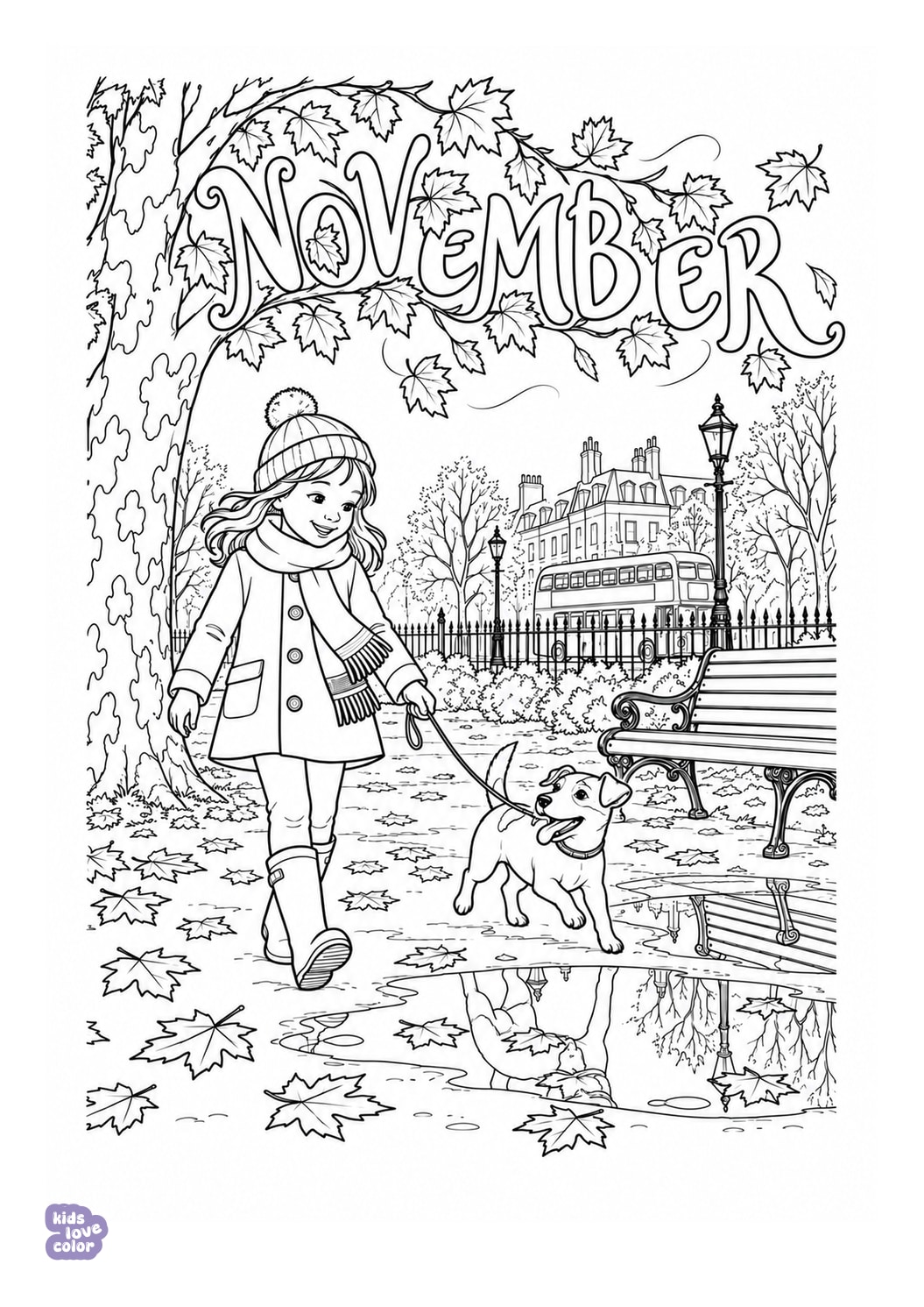 November: wandelen met de hond in Londen kleurplaat