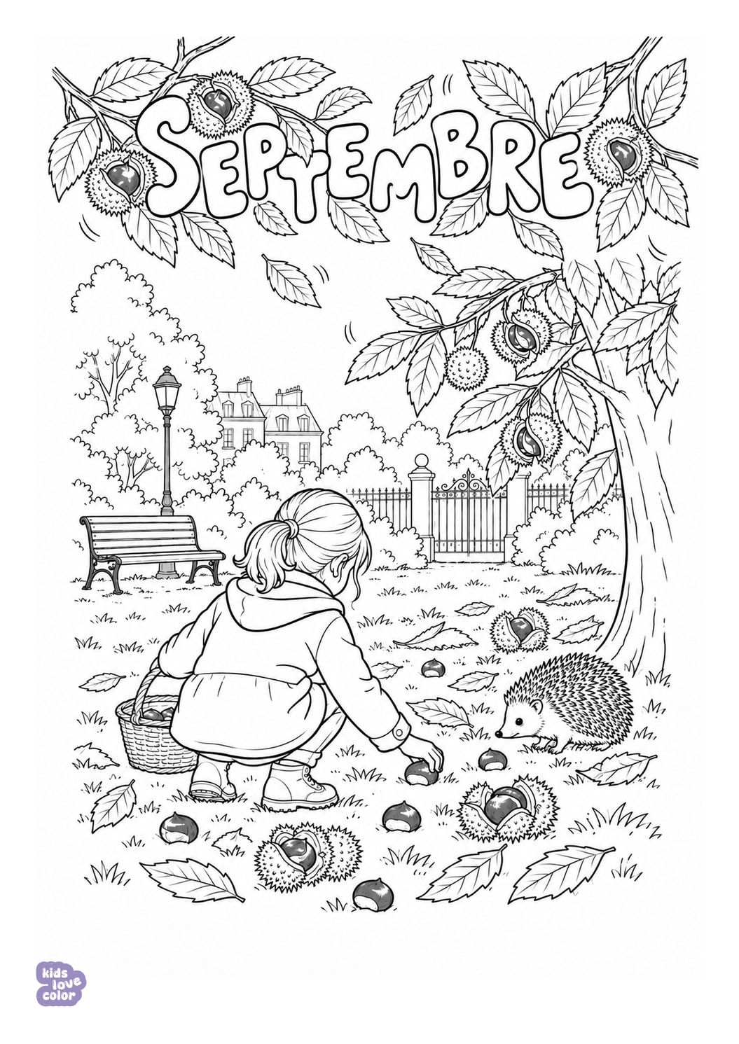 Septembre: kastanjes zoeken in Frankrijk kleurplaat