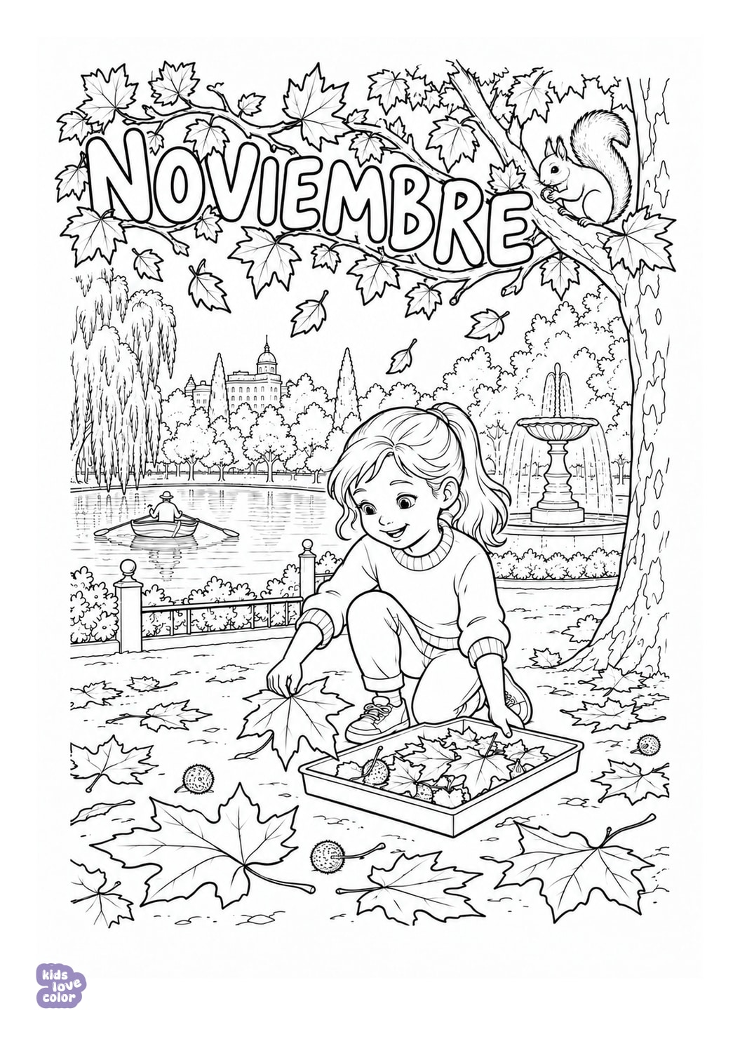 Noviembre: bladeren zoeken in Madrid kleurplaat