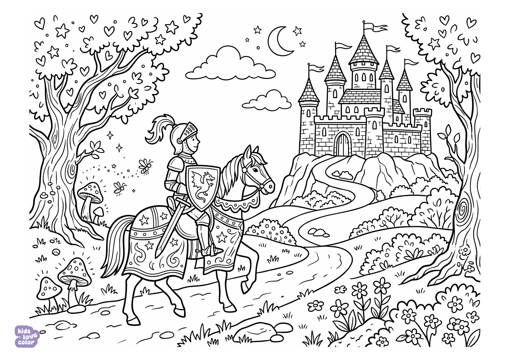 Ridder Rijdend op een Paard naar een Kasteel kleurplaat