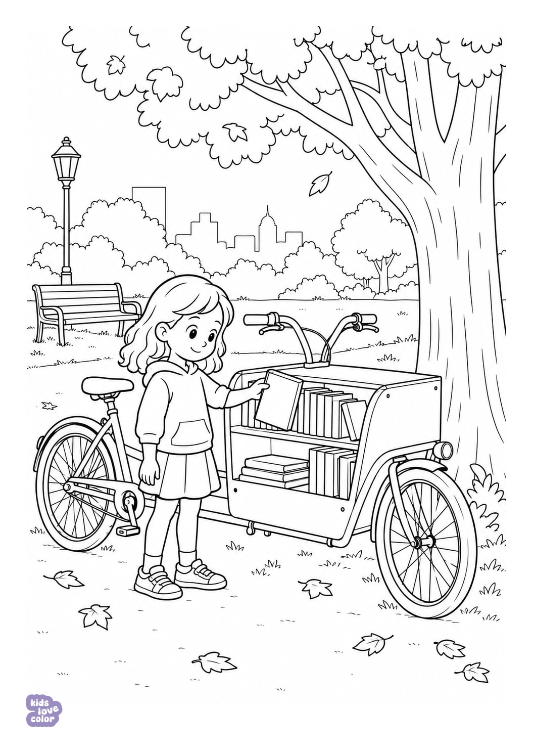 Fietsbibliotheek in het park kleurplaat